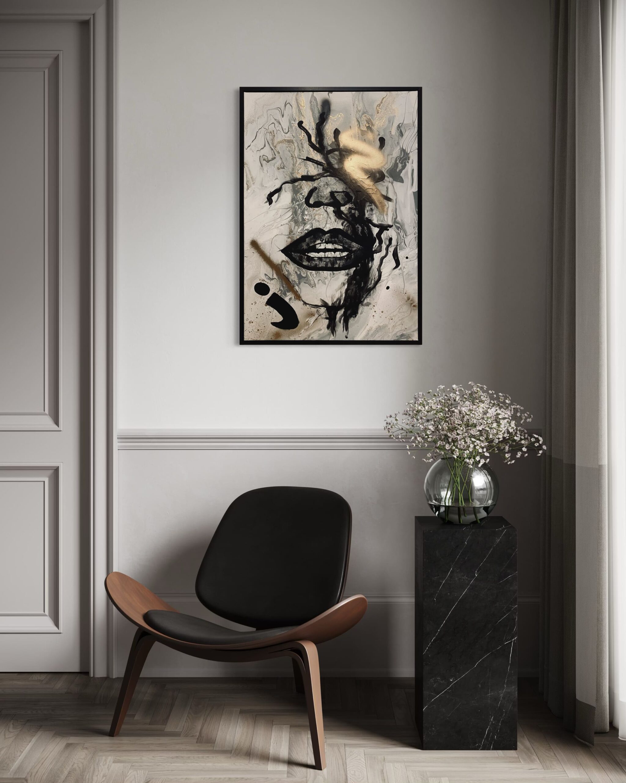 Black and gold abstract painting on canvas – SIDIRO Art Studio