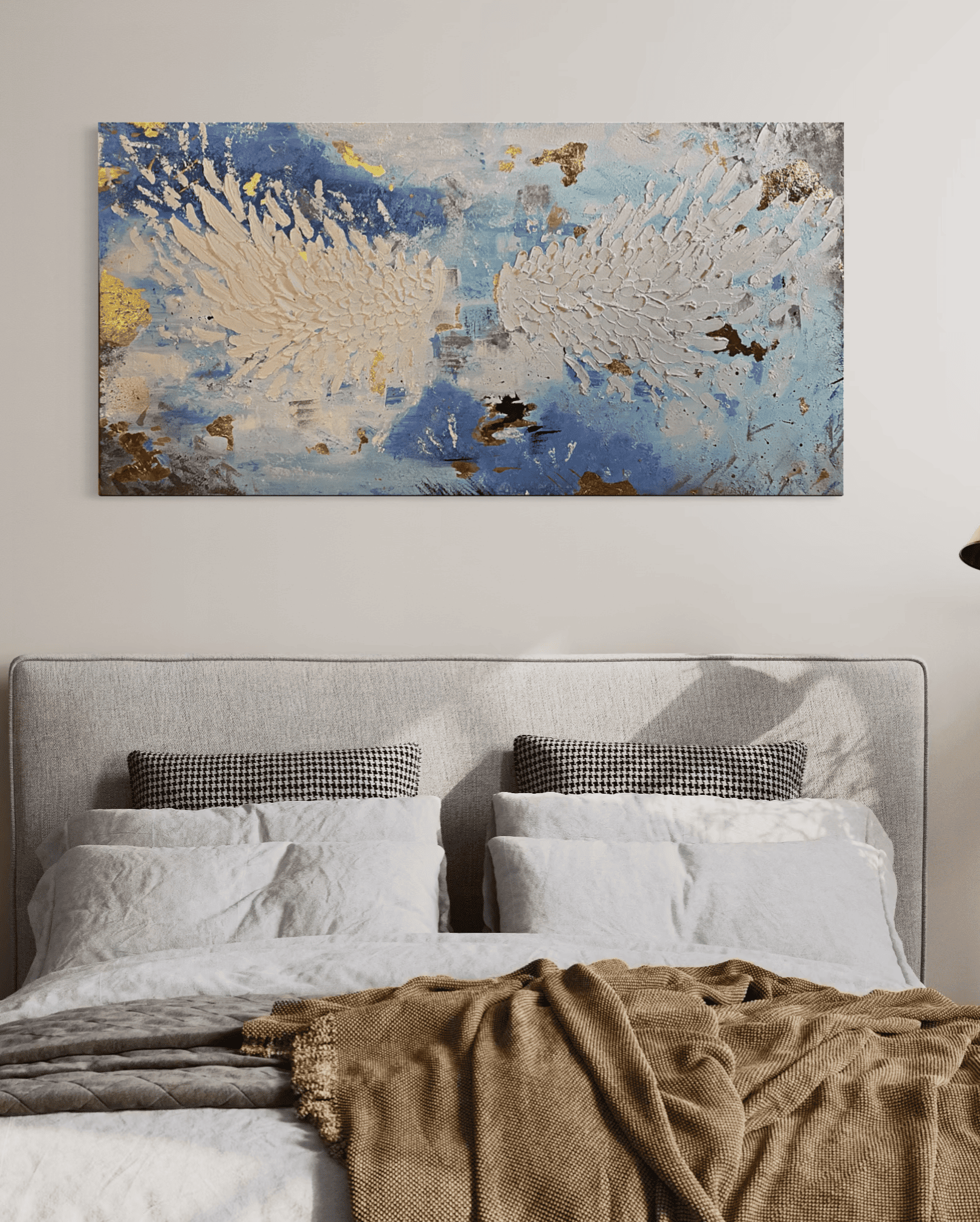 Abstract blue and beige canvas painting in interior – SIDIRO Art Studio