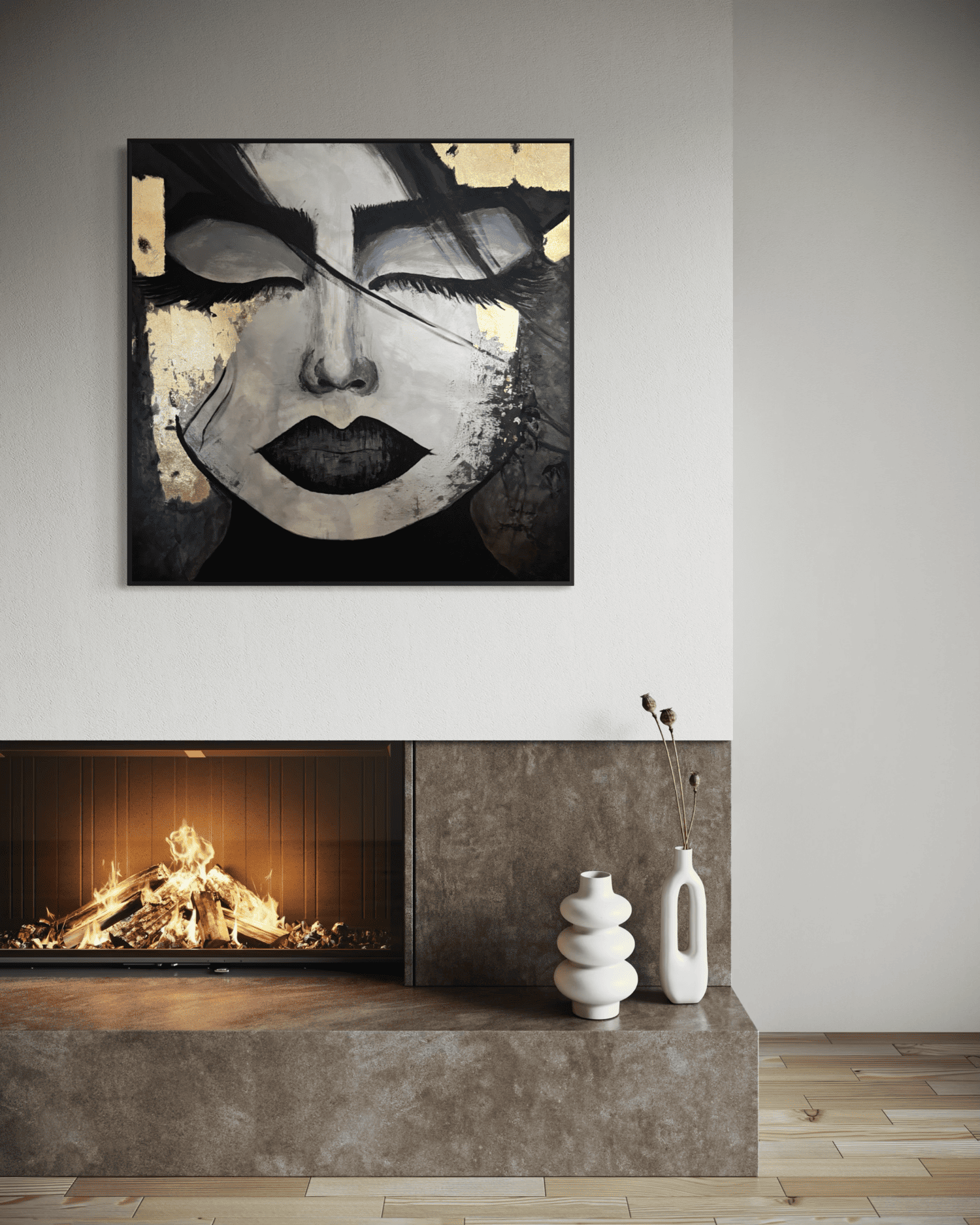 Abstract black and gold portrait painting on canvas – SIDIRO Art Studio